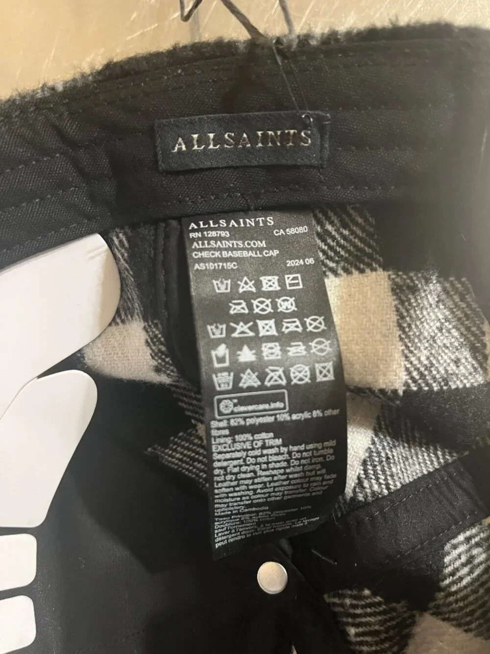 ALL SAINTS White Check Pattern Adjustable Baseball Cap NWOT